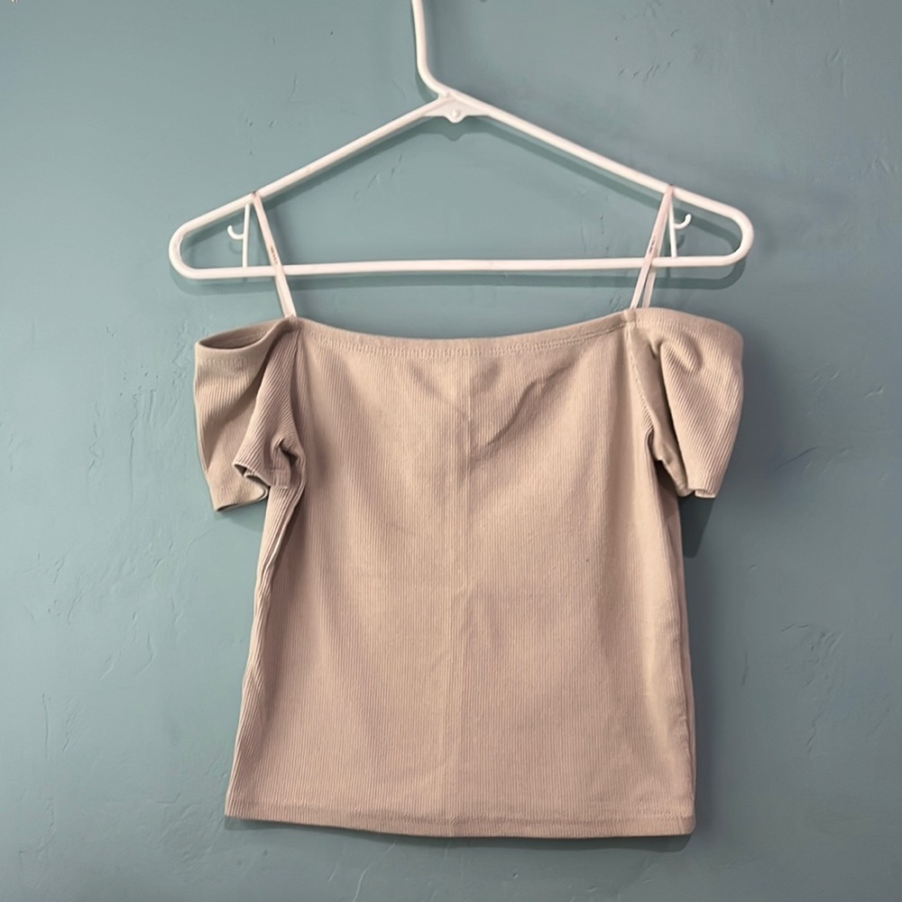 Off the shoulder, light olive green shirt